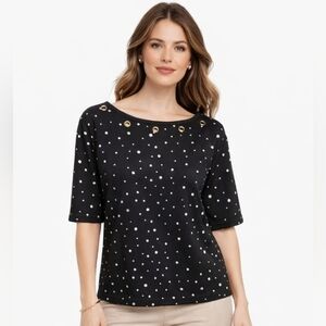 The Quaker Factory Polka Dot Glitter Grommet Neck Top Black White 2X